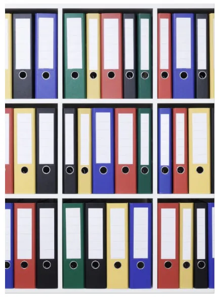Rows of colorful binders on shelves